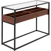 Display Console Table in Black Metal, Walnut Wood, & Tempered Glass